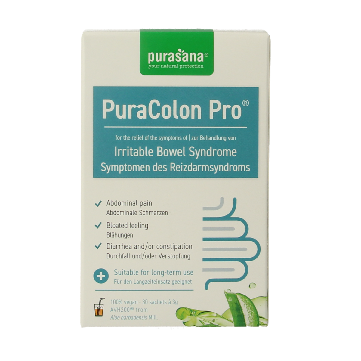 Purasana Puracolon probiotic sachets for irritable bowel syndrome, 90 grams, featuring capsules and digestive health ingredients.