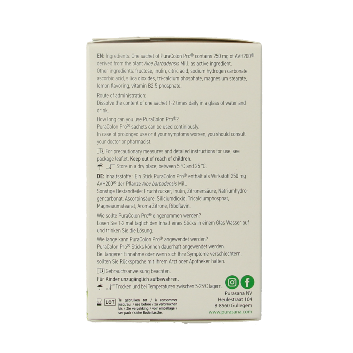 Purasana Puracolon probiotic sachets for irritable bowel syndrome, 90 grams, with digestive health ingredients.