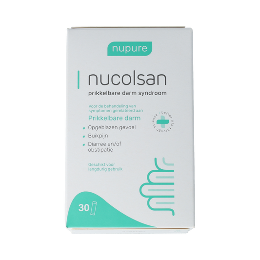 Nupure Nucolsan 30 capsules for digestive health, showing the supplement bottle with label and capsules inside.