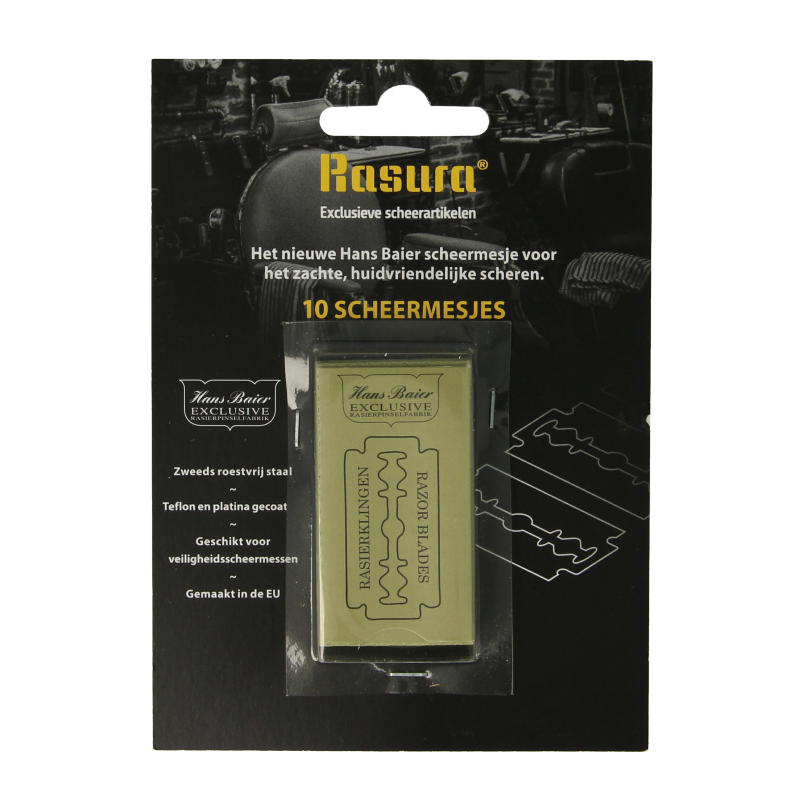 Hans Baier blister of 10 safety razor blades for shaving, packaged in a clear blister with branding visible.