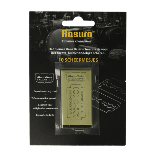 Hans Baier blister of 10 safety razor blades for shaving, packaged in a clear blister with branding visible.