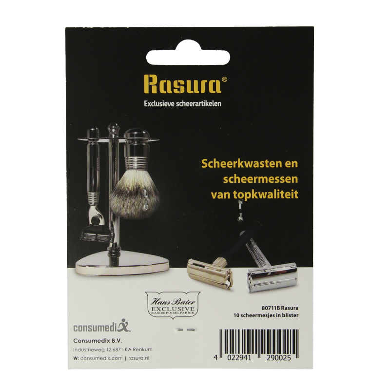 Hans Baier shaving razor blades blister pack with 10 stainless steel blades for men’s grooming and shaving.