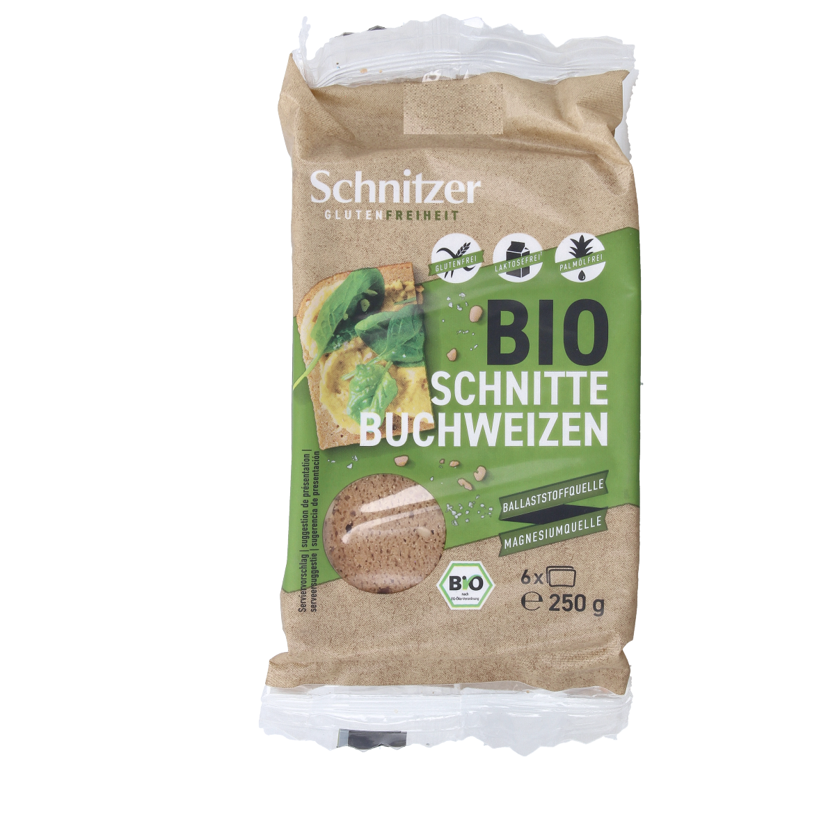 Schnitzer glutenvrij boekweitbrood, bio, 250g, sliced gluten-free bread with a rustic texture and natural appearance.