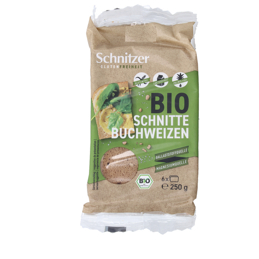Schnitzer glutenvrij boekweitbrood, bio, 250g, sliced gluten-free bread with a rustic texture and natural appearance.