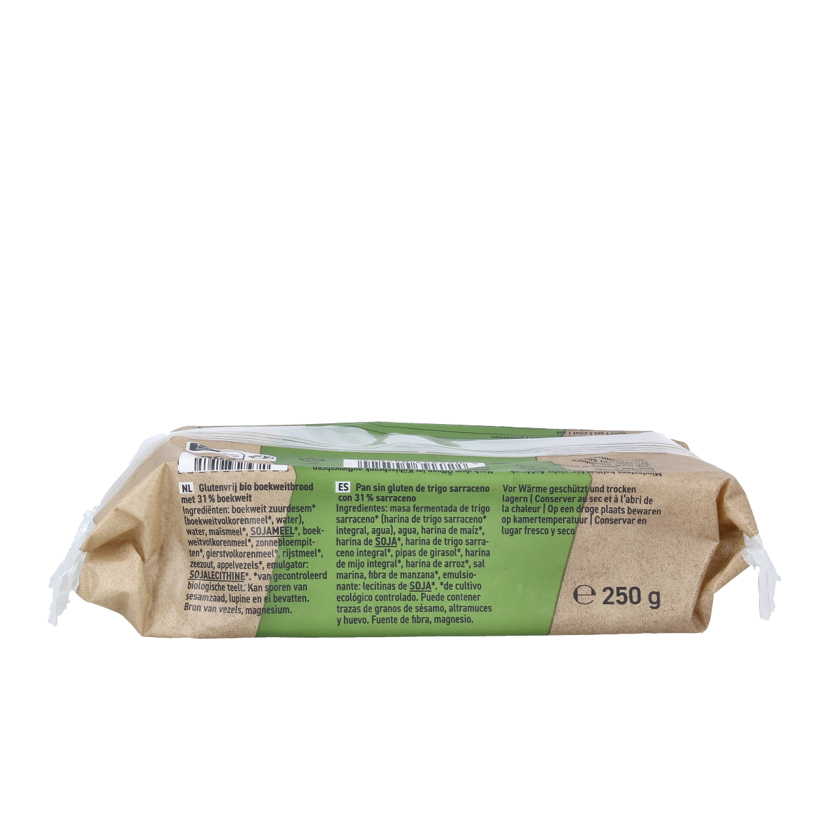 Schnitzer gluten-free organic buckwheat bread in 250g package, fresh and sliced for breakfast or sandwiches.