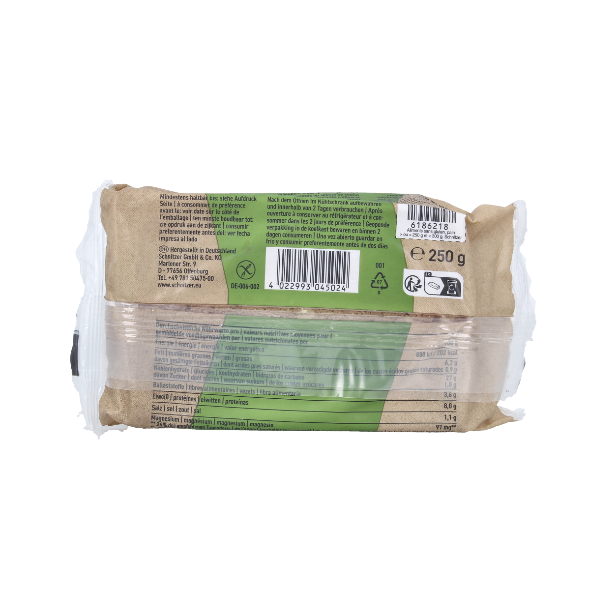 Schnitzer glutenvrij boekweitbrood, 250g, bio, slices of rye-like bread from Schnitzer for gluten-free diet.