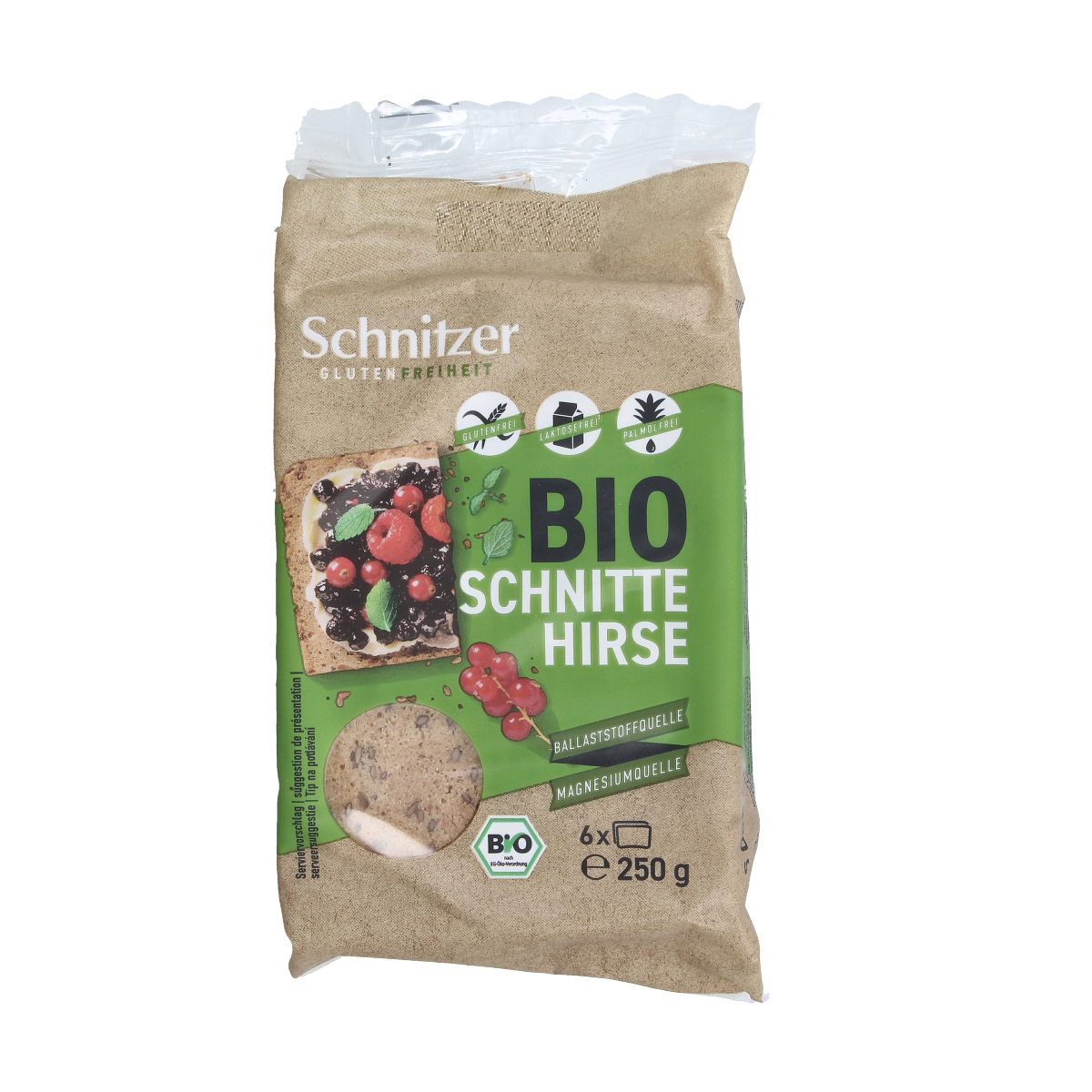 Gluten-free bio Gierstbrood from Schnitzer, 250g, shown as a fresh loaf of bread with a golden crust and rustic texture.
