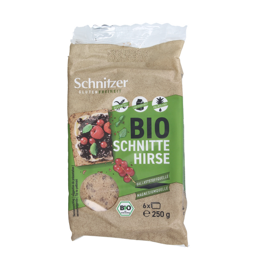 Gluten-free bio Gierstbrood from Schnitzer, 250g, shown as a fresh loaf of bread with a golden crust and rustic texture.