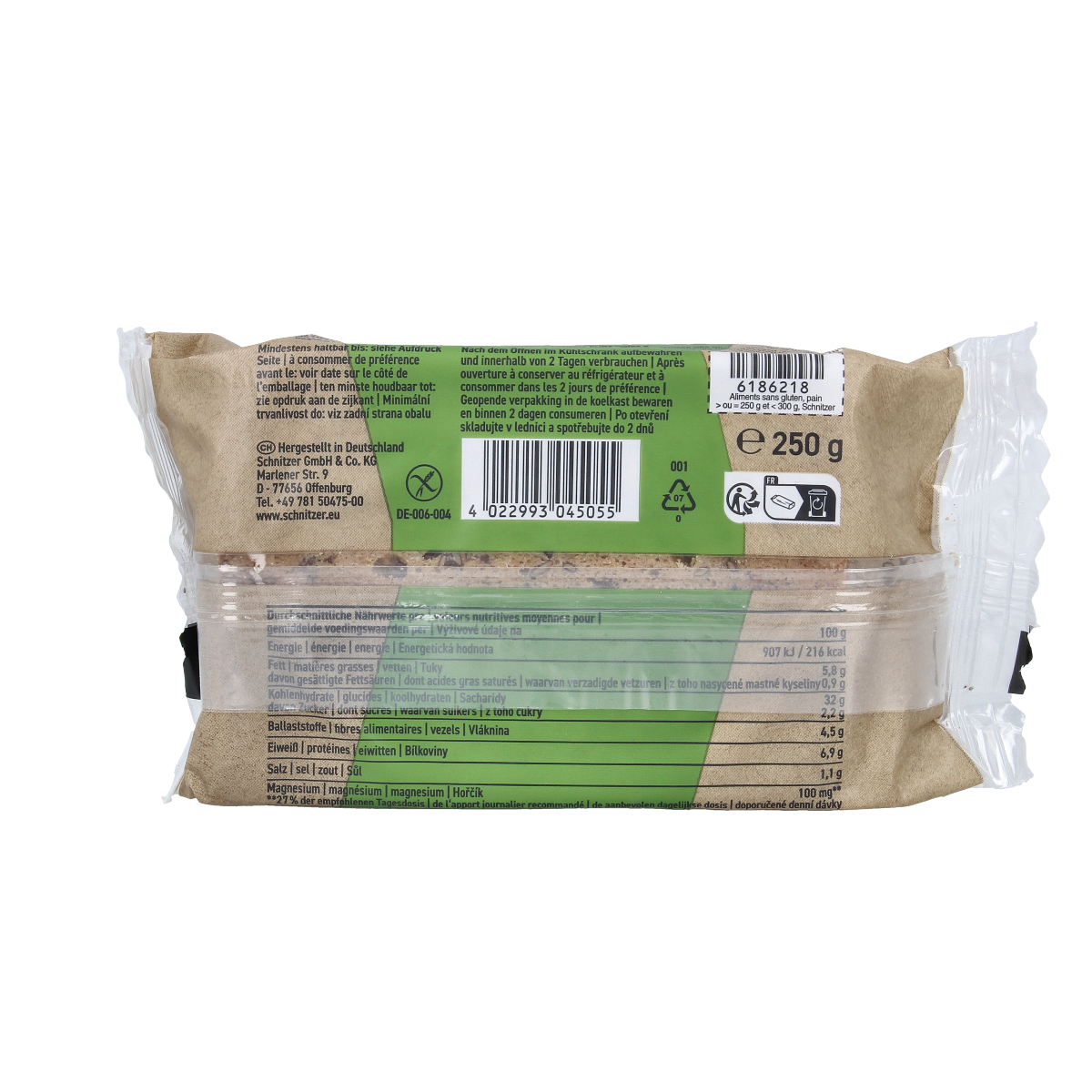 Schnitzer gluten-free millet bread in 250g package, featuring a golden crust and sliced texture on a neutral background.