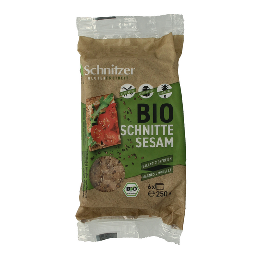 Schnitzer Sesambrood glutenvrij bio 250g, a loaf of organic sesame seed bread in a clear packaging.