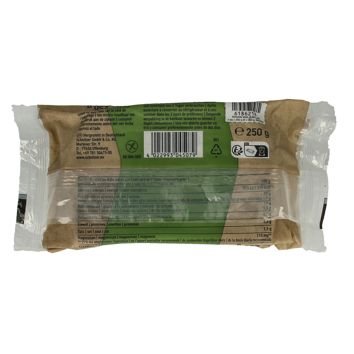 Schnitzer gluten-free sesame bread in 250g package, featuring a sliced sesame seed crust and organic ingredients.