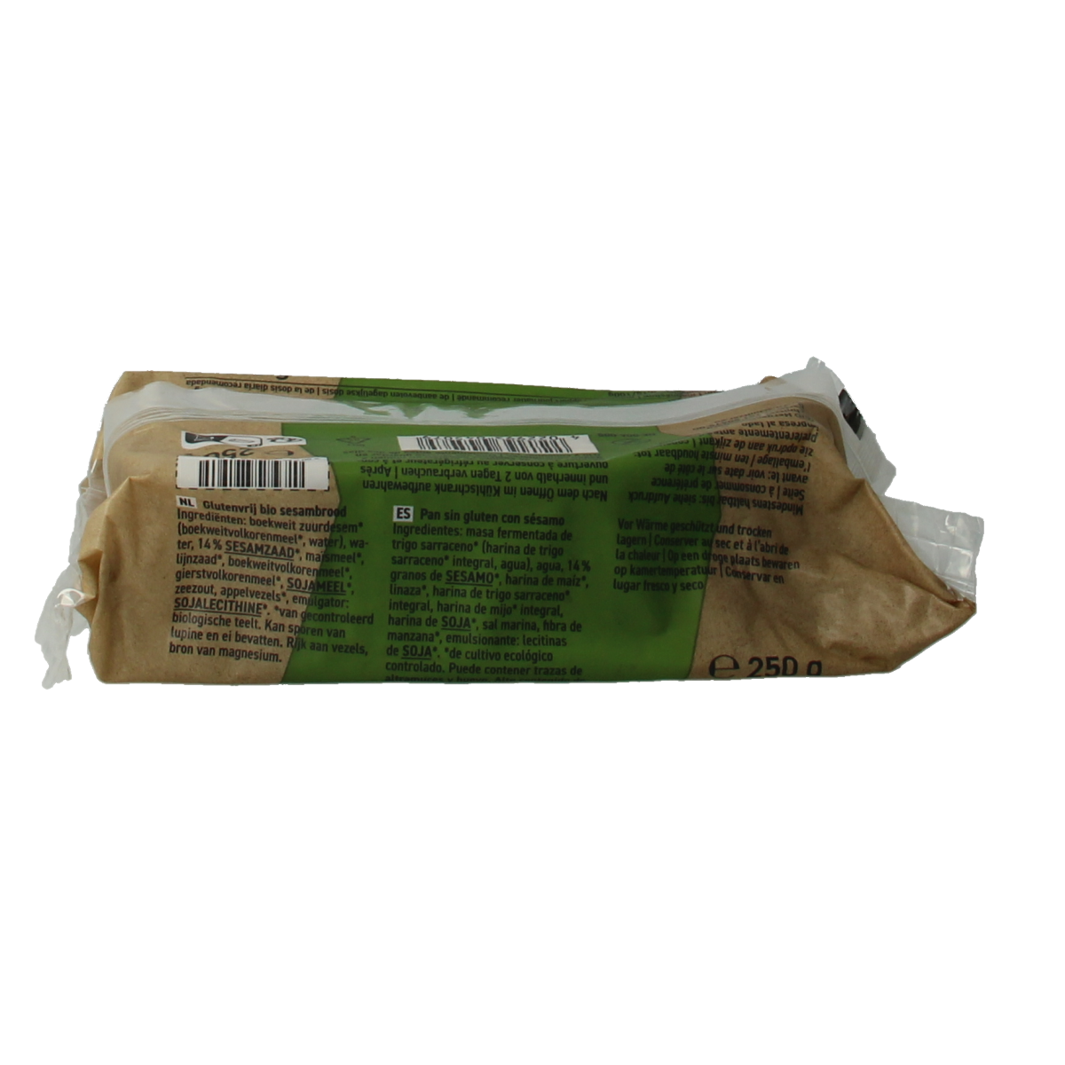 Schnitzer gluten-free organic sesame bread slice on a wooden board with sesame seeds and fresh herbs.