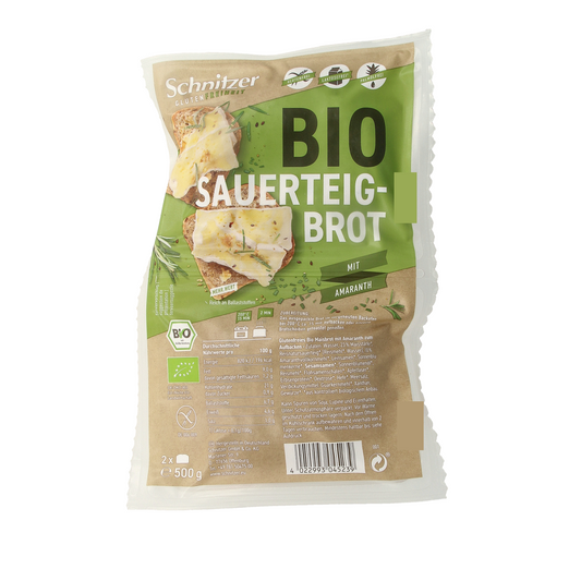Schnitzer Rustico Amaranth gluten-free organic bread or crackers, 500g, with a golden-brown crust and textured surface.