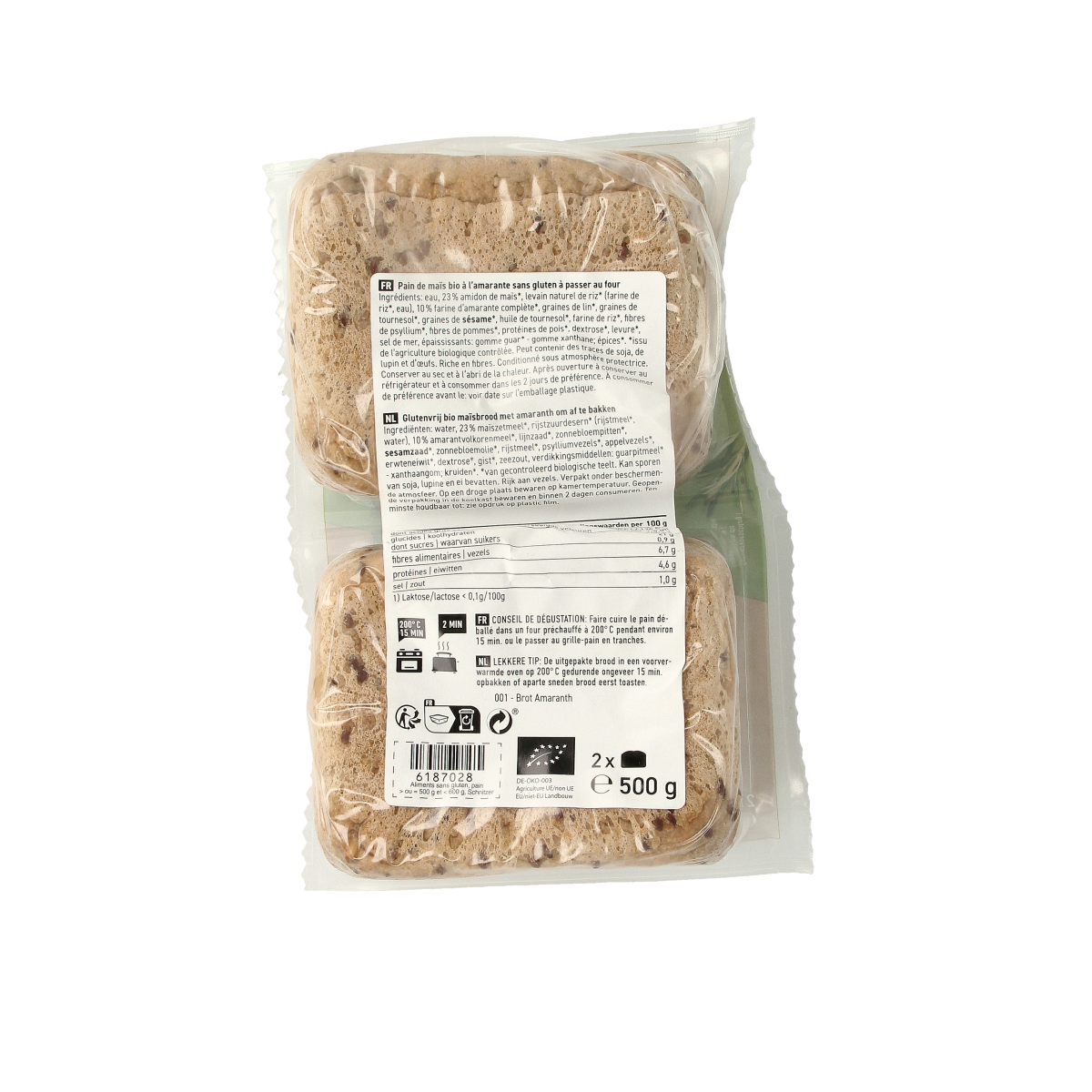 Schnitzer Rustico amaranth gluten-free organic bread or cracker, 500g, showing a golden-brown crust with textured surface