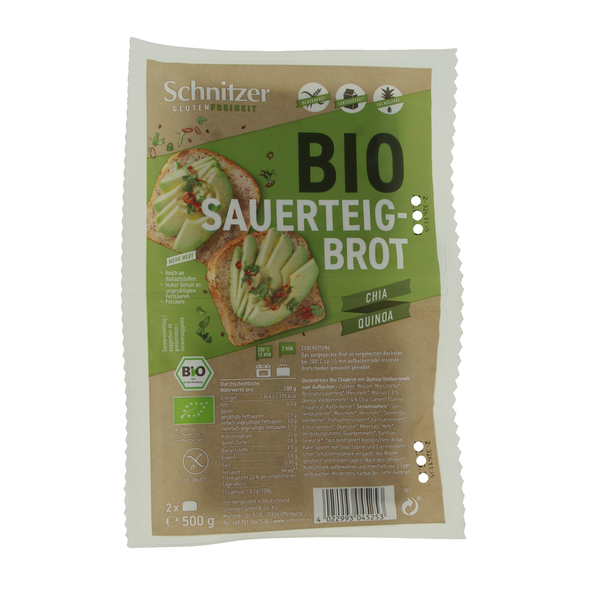 Schnitzer Brood chia & quinoa glutenvrij bio, 500g, gluten-free bread with chia and quinoa visible in the sliced loaf.