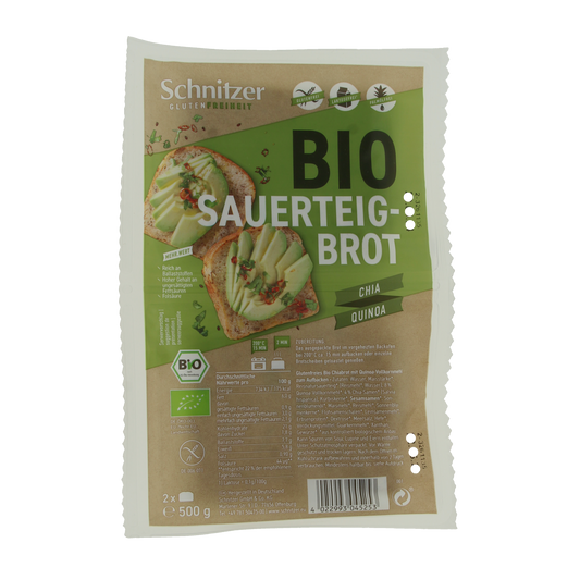 Schnitzer Brood chia & quinoa glutenvrij bio, 500g, gluten-free bread with chia and quinoa visible in the sliced loaf.