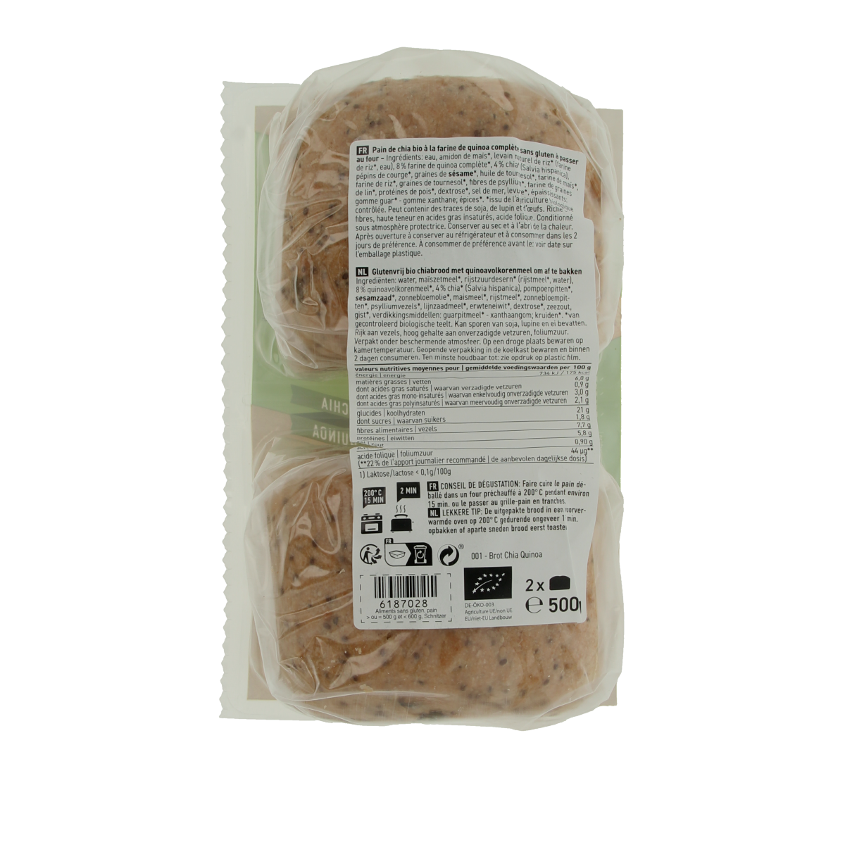 Schnitzer Brood chia and quinoa gluten-free organic bread, 500g, featuring slices with chia seeds and quinoa grains.