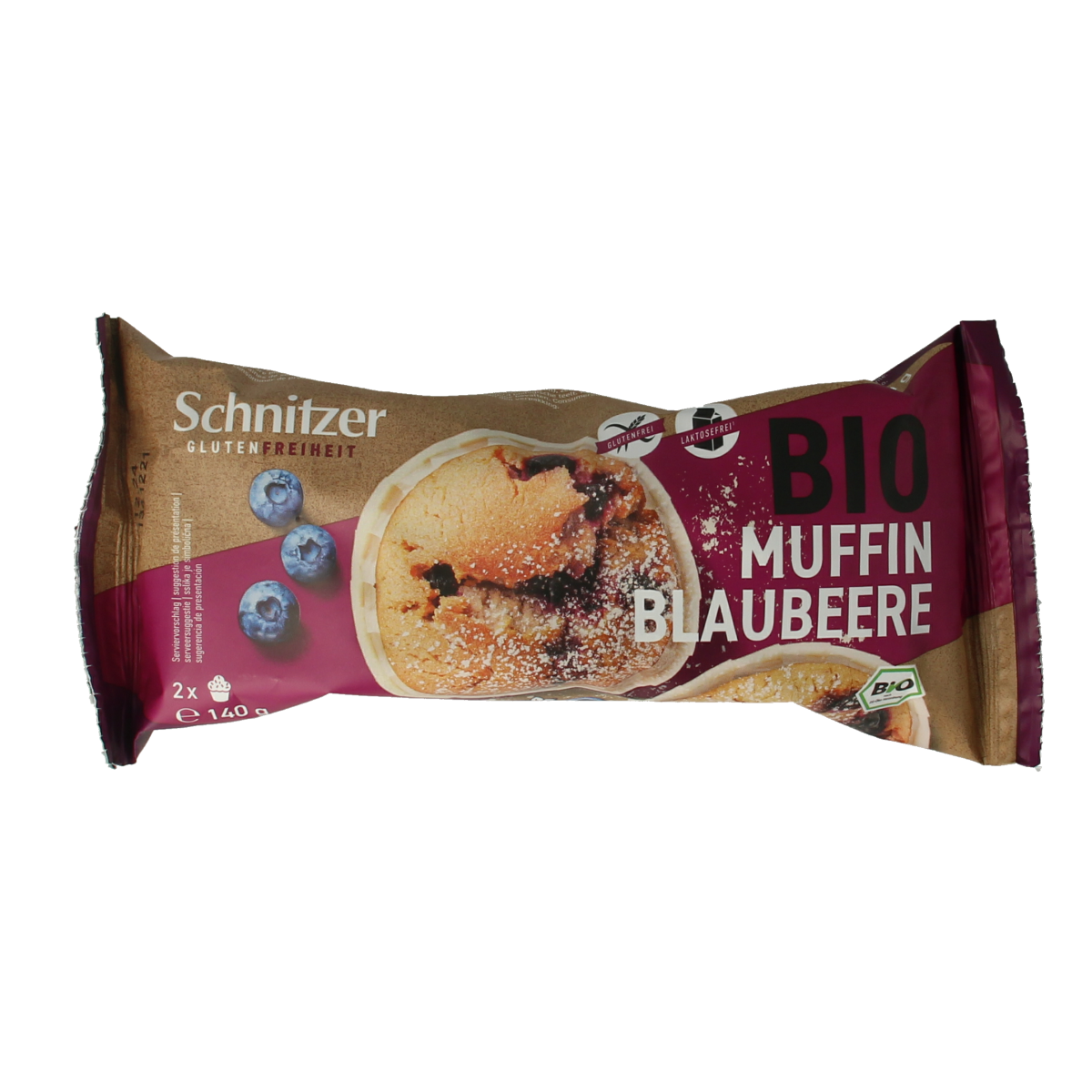 Schnitzer gluten-free blueberry muffin in a 140g package, showing a golden-brown muffin with blueberries visible inside.