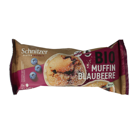 Schnitzer gluten-free blueberry muffin in a 140g package, showing a golden-brown muffin with blueberries visible inside.