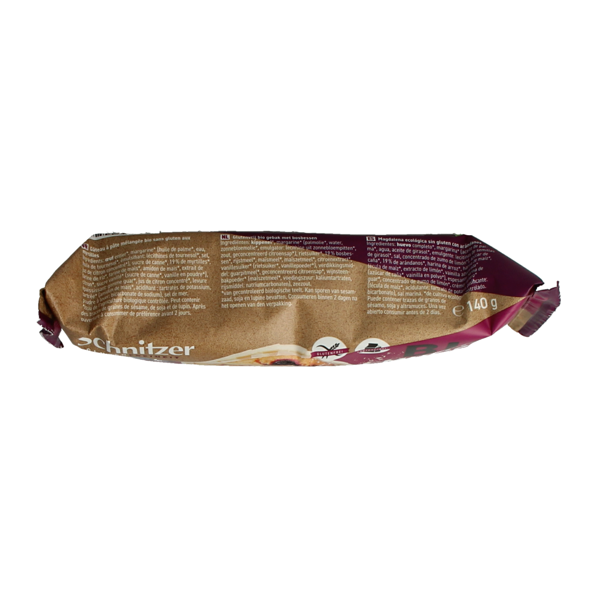 Schnitzer gluten-free blueberry muffin in a 140g package, showing a golden-brown muffin with blueberries inside.