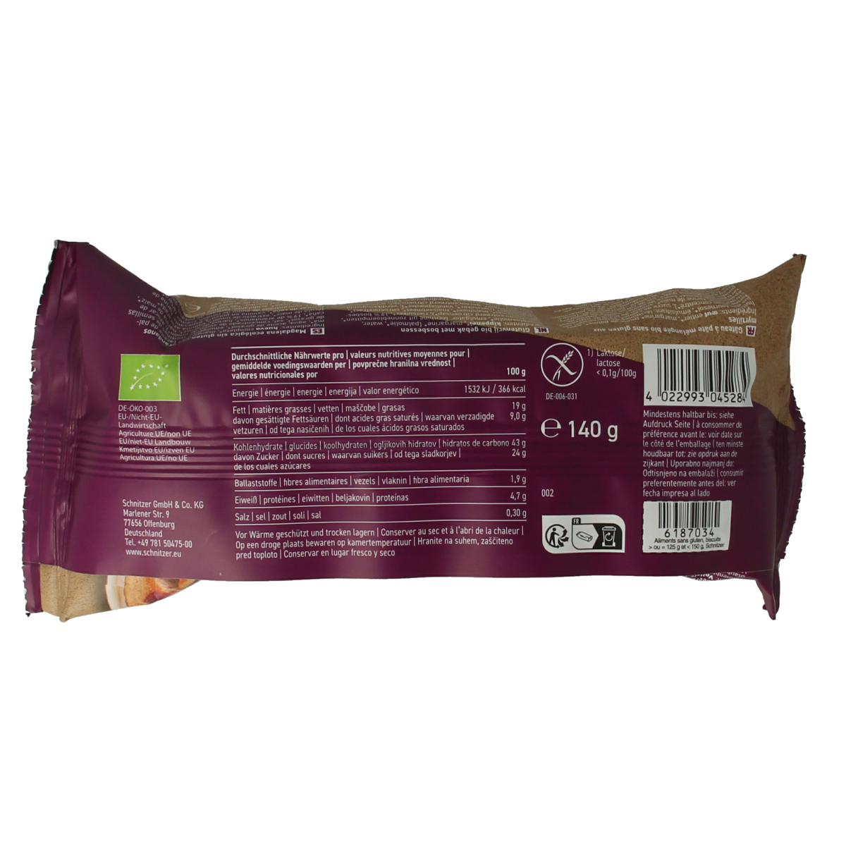 Schnitzer bio glutenvrije bosbessen muffin koeken, 140g, met verse blauwe bessen en natuurlijke ingrediënten.