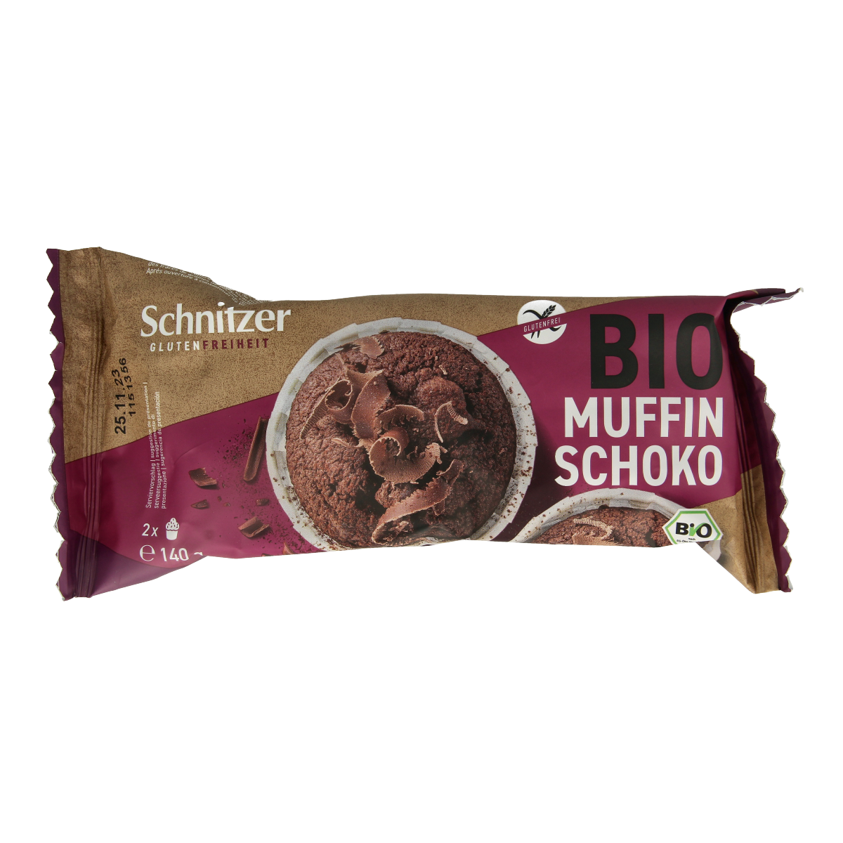 Schnitzer gluten-free chocolate muffin in a 140g package, showing a moist, chocolatey koeken with a rich texture.