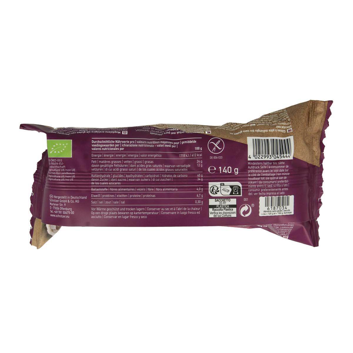 Schnitzer chocolate gluten-free organic muffin, 140g, showing a close-up of the chocolate muffin on a white background.