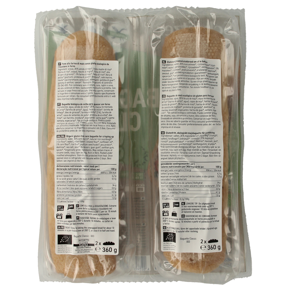 Schnitzer gluten-free classic baguette bread, organic, showing a fresh baked baguette with a golden crust.