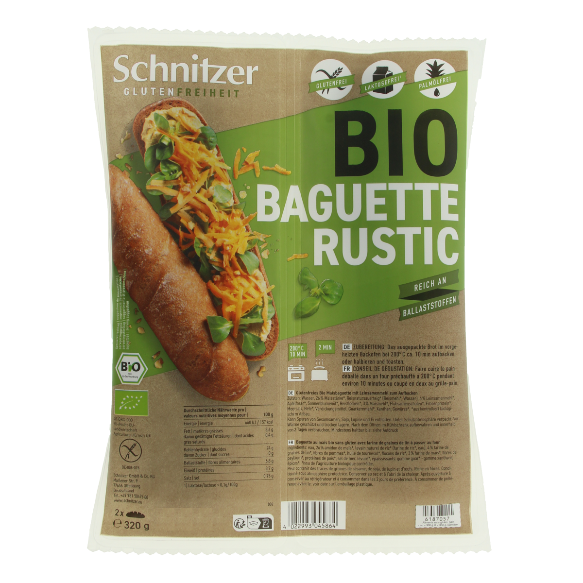 Schnitzer Baguette rustic gluten-free bio bread, 160g, in a package of 2, with a golden crust and artisanal appearance.