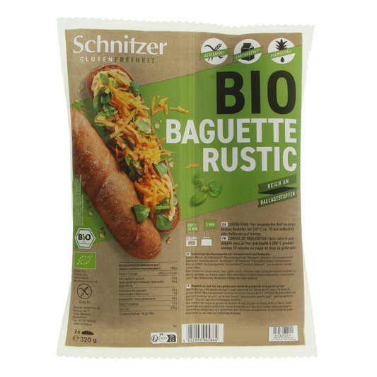Schnitzer Baguette rustic gluten-free bio bread, 160g, in a package of 2, with a golden crust and artisanal appearance.