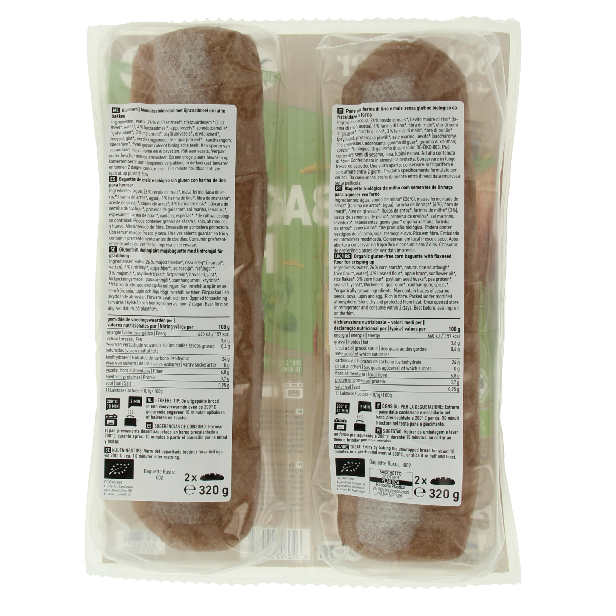 Schnitzer gluten-free rustic baguette loaf, 160g, organic, displayed in a basket with fresh bread slices.