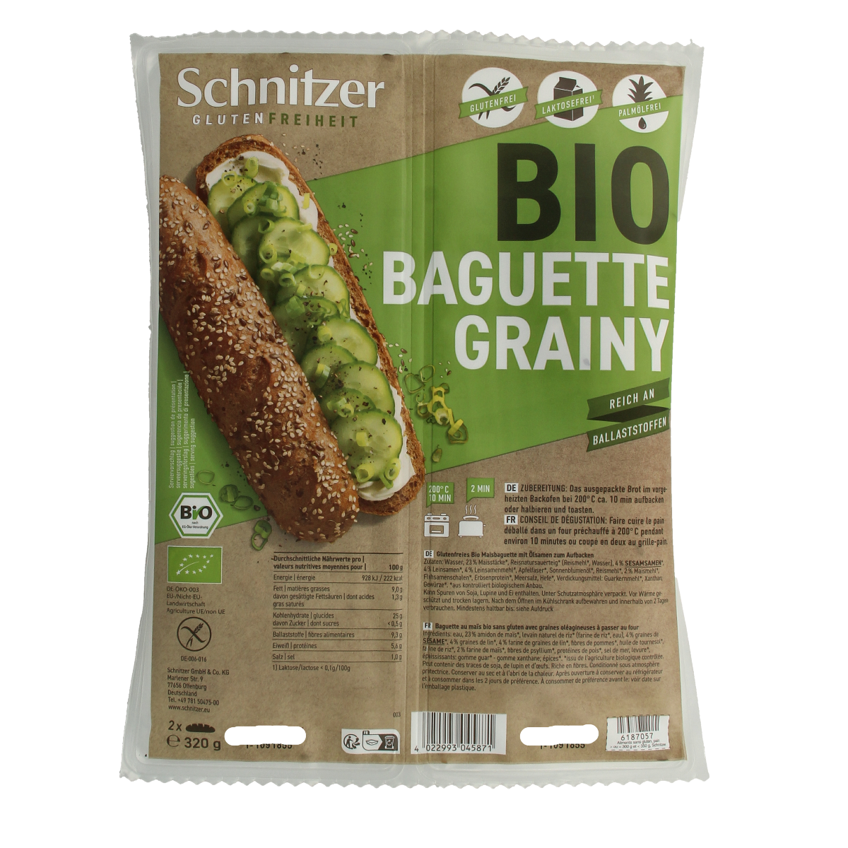 Schnitzer gluten-free grainy baguette bread slices, organic, for sandwiches and snacking, shown in the image.