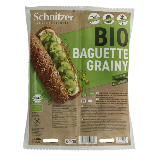 Schnitzer gluten-free grainy baguette bread slices, organic, for sandwiches and snacking, shown in the image.
