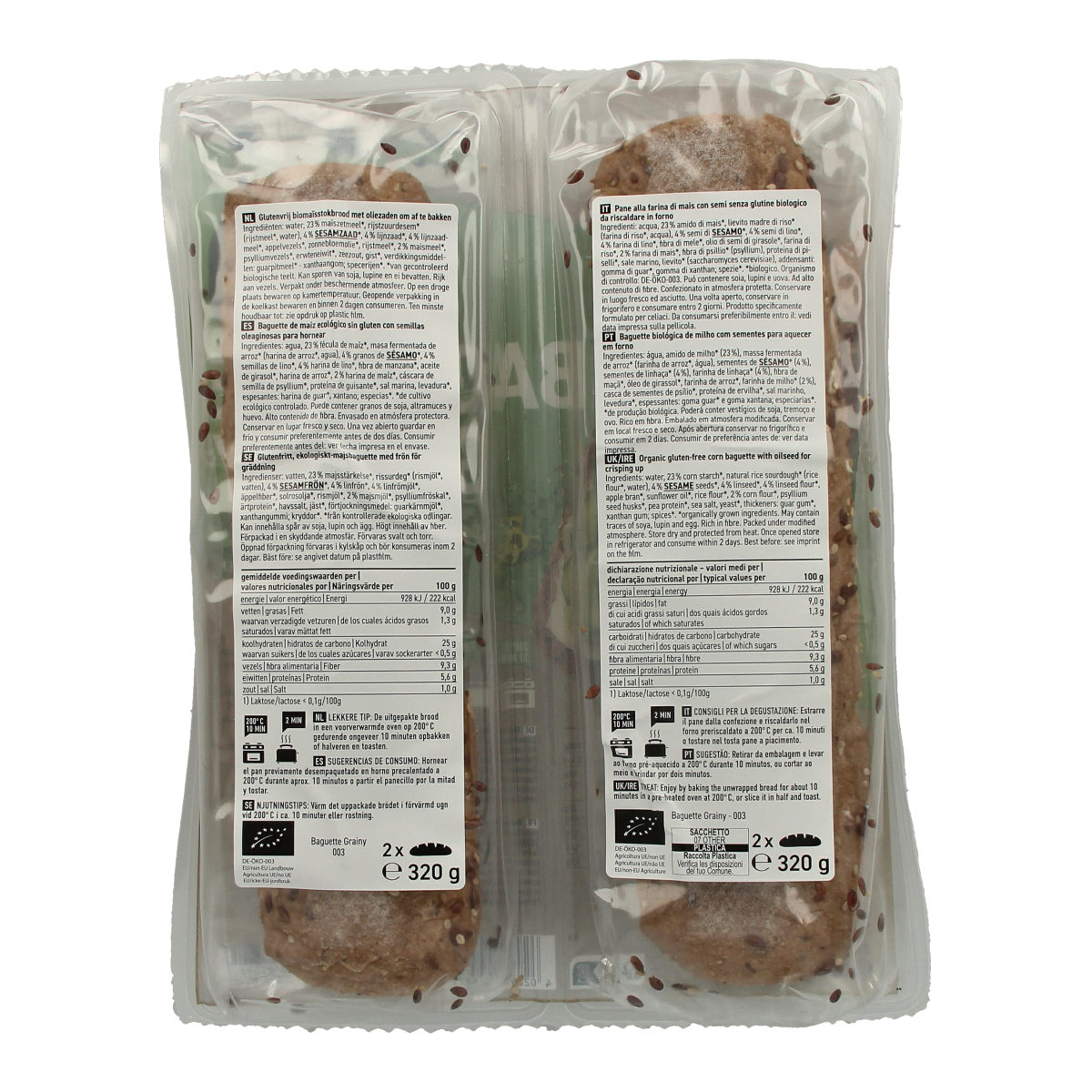 Schnitzer gluten-free grainy baguette slices, organic, packaged in a 2-pack, for healthy bread options.