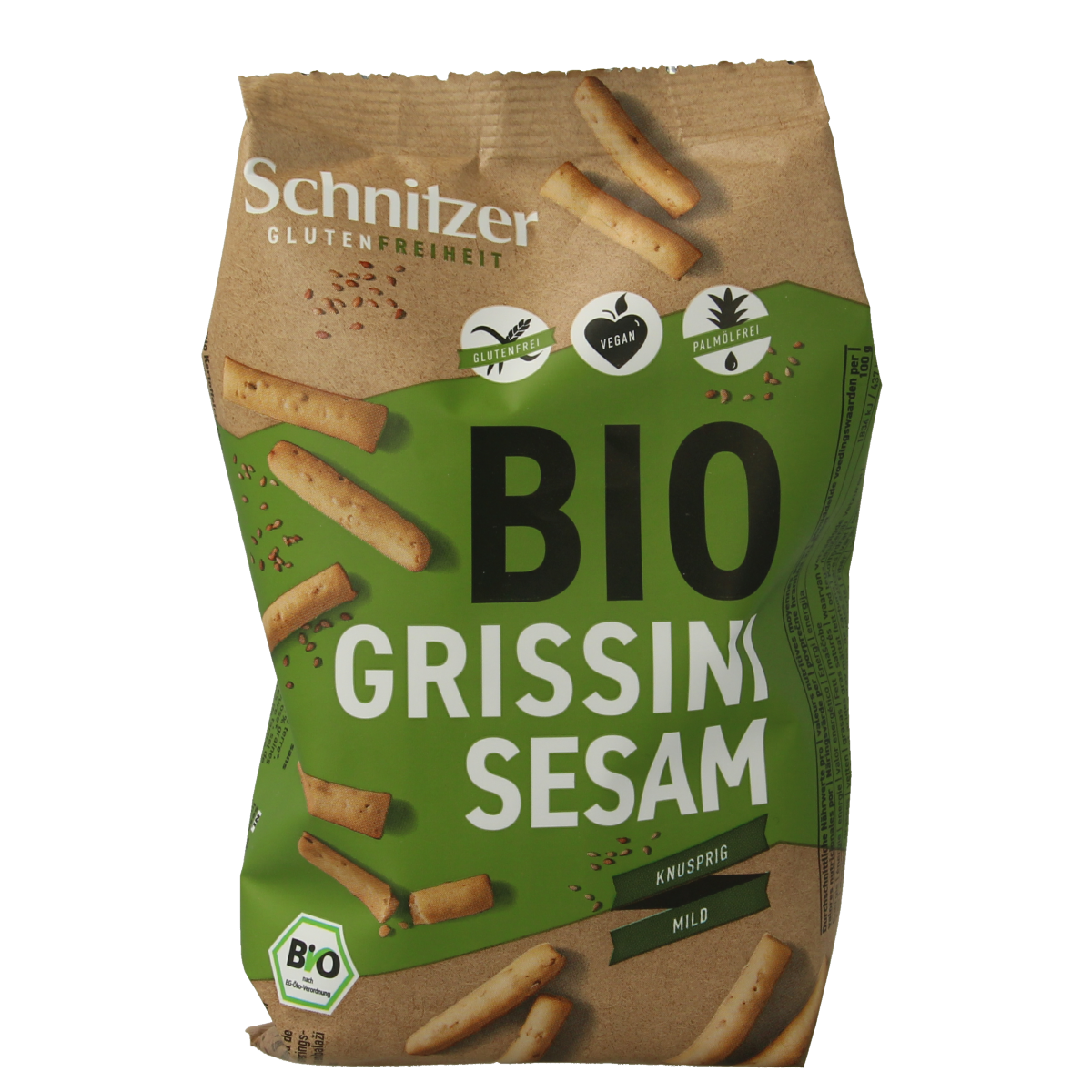 Sesam gluten-free bio Schnitzer Grissini snack sticks in 100g package, crispy and suitable for gluten-sensitive diets.
