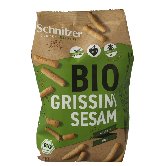 Sesam gluten-free bio Schnitzer Grissini snack sticks in 100g package, crispy and suitable for gluten-sensitive diets.
