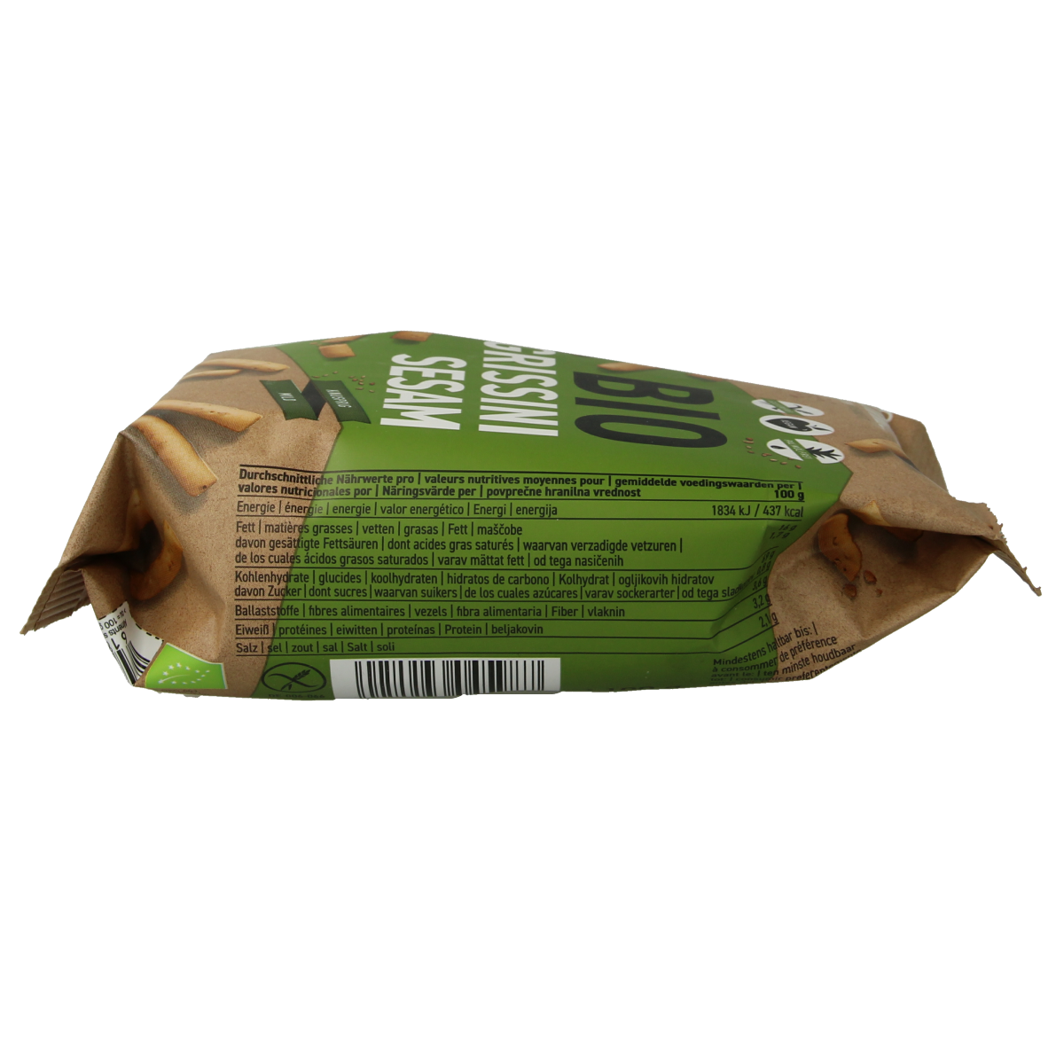 Sesame gluten-free Schnitzer Grissini snack sticks in 100g pack, organic and crispy Italian breadsticks with sesame seeds.