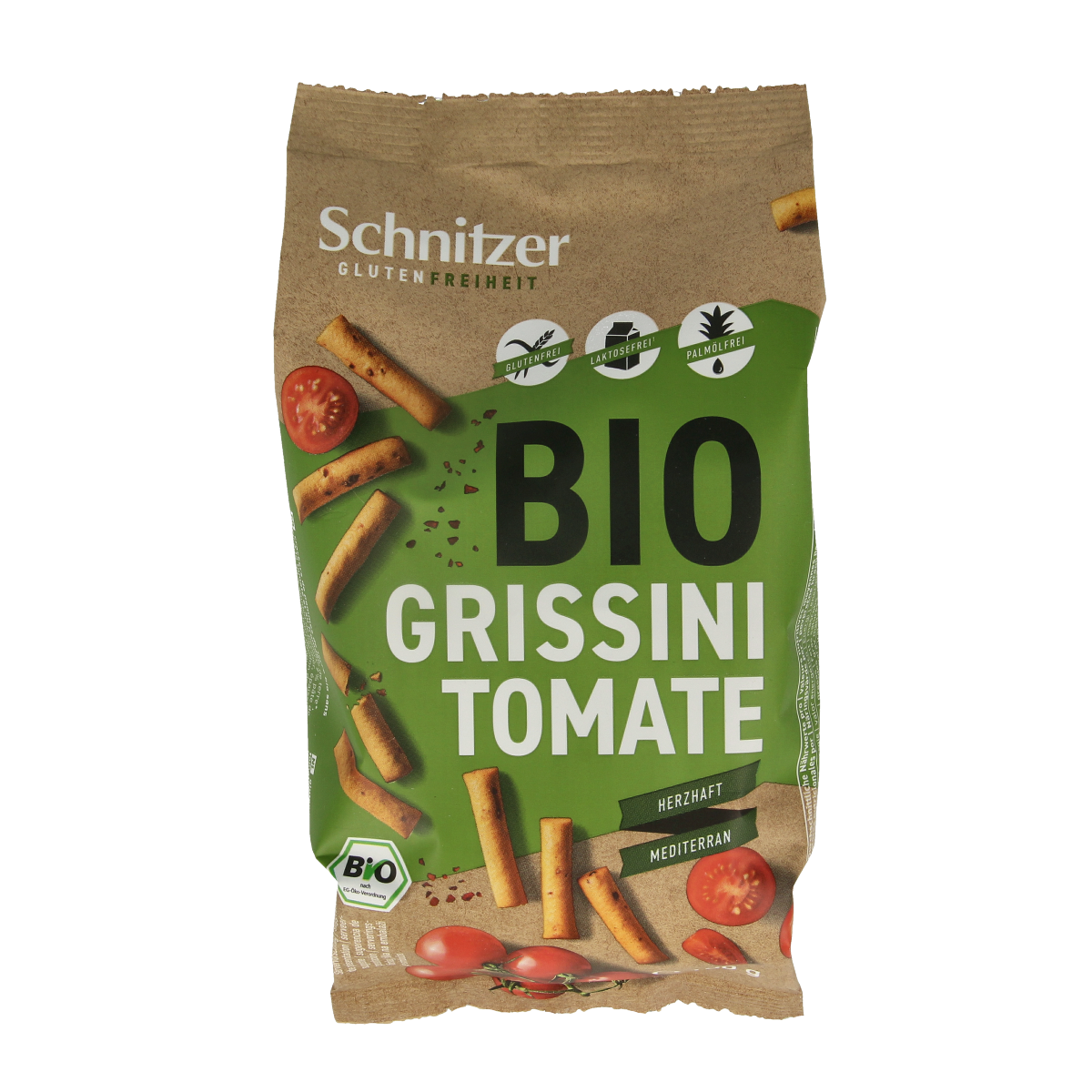 Schnitzer gluten-free tomato-flavored Grissini snacks in a 100g package, perfect for gluten-free snack options.