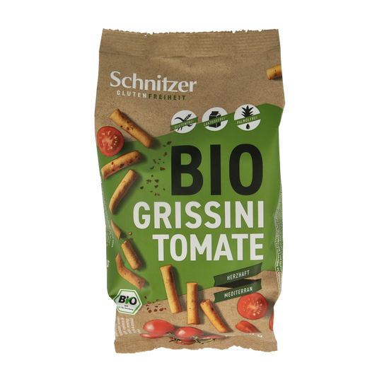 Schnitzer gluten-free tomato-flavored Grissini snacks in a 100g package, perfect for gluten-free snack options.