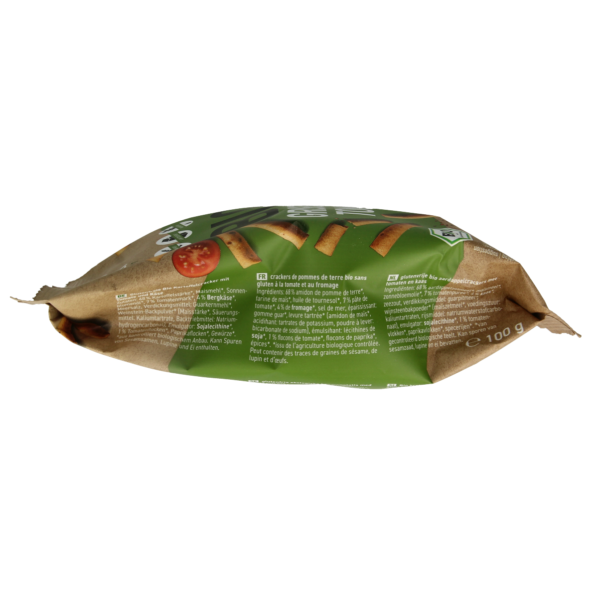 Schnitzer gluten-free tomato-flavored Grissini snack sticks in 100g package, organic Italian breadsticks with tomato flavor.