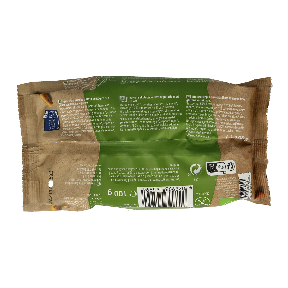Schnitzer gluten-free tomato flavored Grissini snacks in 100g package, crispy breadsticks from Schnitzer brand.
