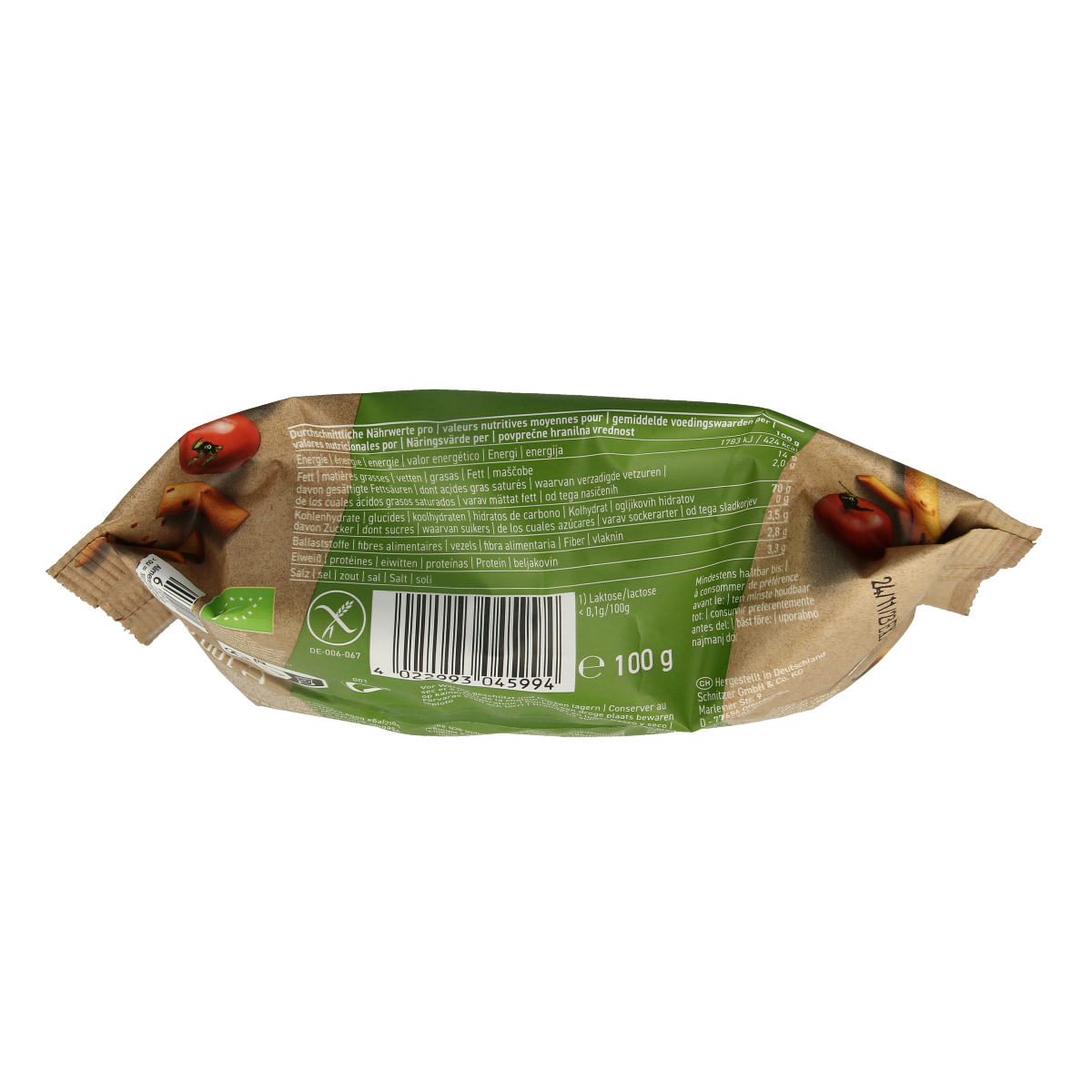 Schnitzer gluten-free tomato flavored Grissini snack sticks in 100g package, crispy Italian breadsticks with tomato flavor.