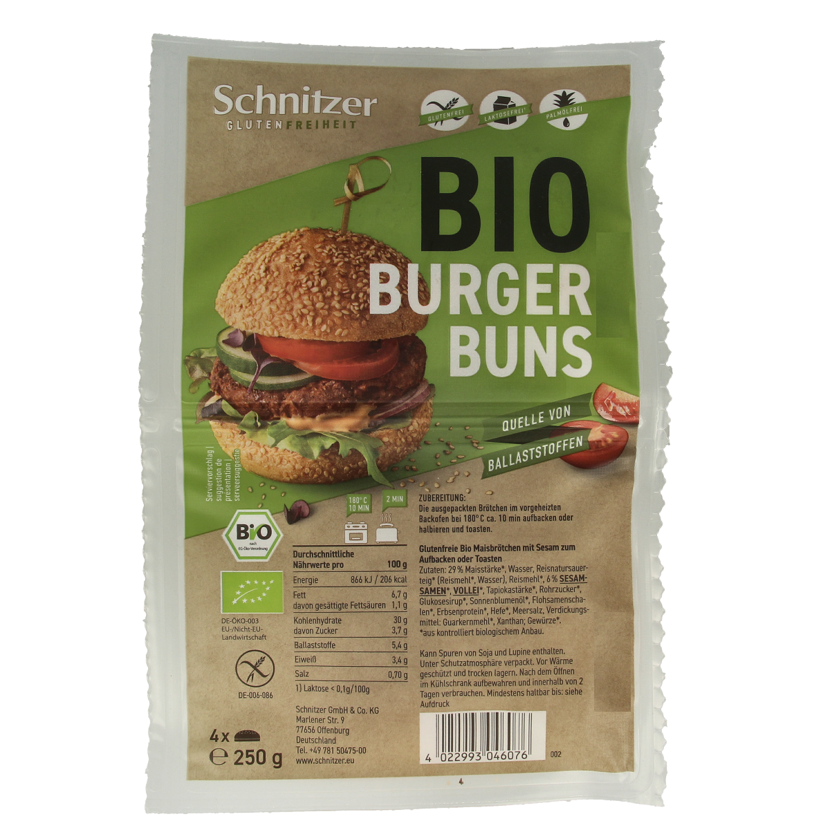 Schnitzer gluten-free organic hamburger bread roll, 250 grams, fresh and soft, ideal for sandwiches and burgers.