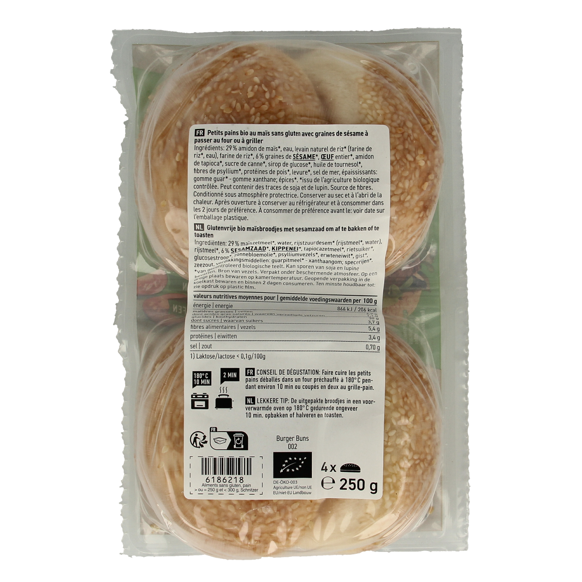 Schnitzer gluten-free organic hamburger buns, 250g, soft bread rolls for sandwiches, in a clear packaging image
