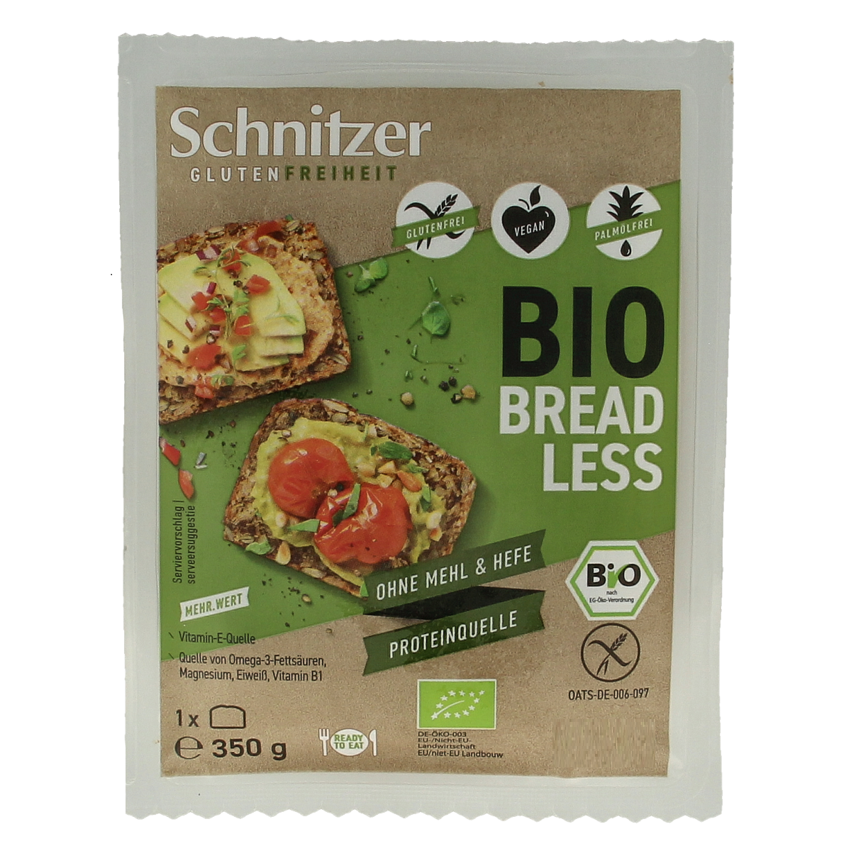 Schnitzer gluten-free breadless brood in a 350g package, featuring a natural, crunchy texture and organic ingredients.