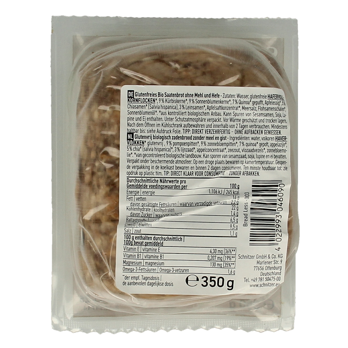 Schnitzer gluten-free breadless brood, bio, 350g, soft crackers with a rustic appearance and a golden-brown crust.