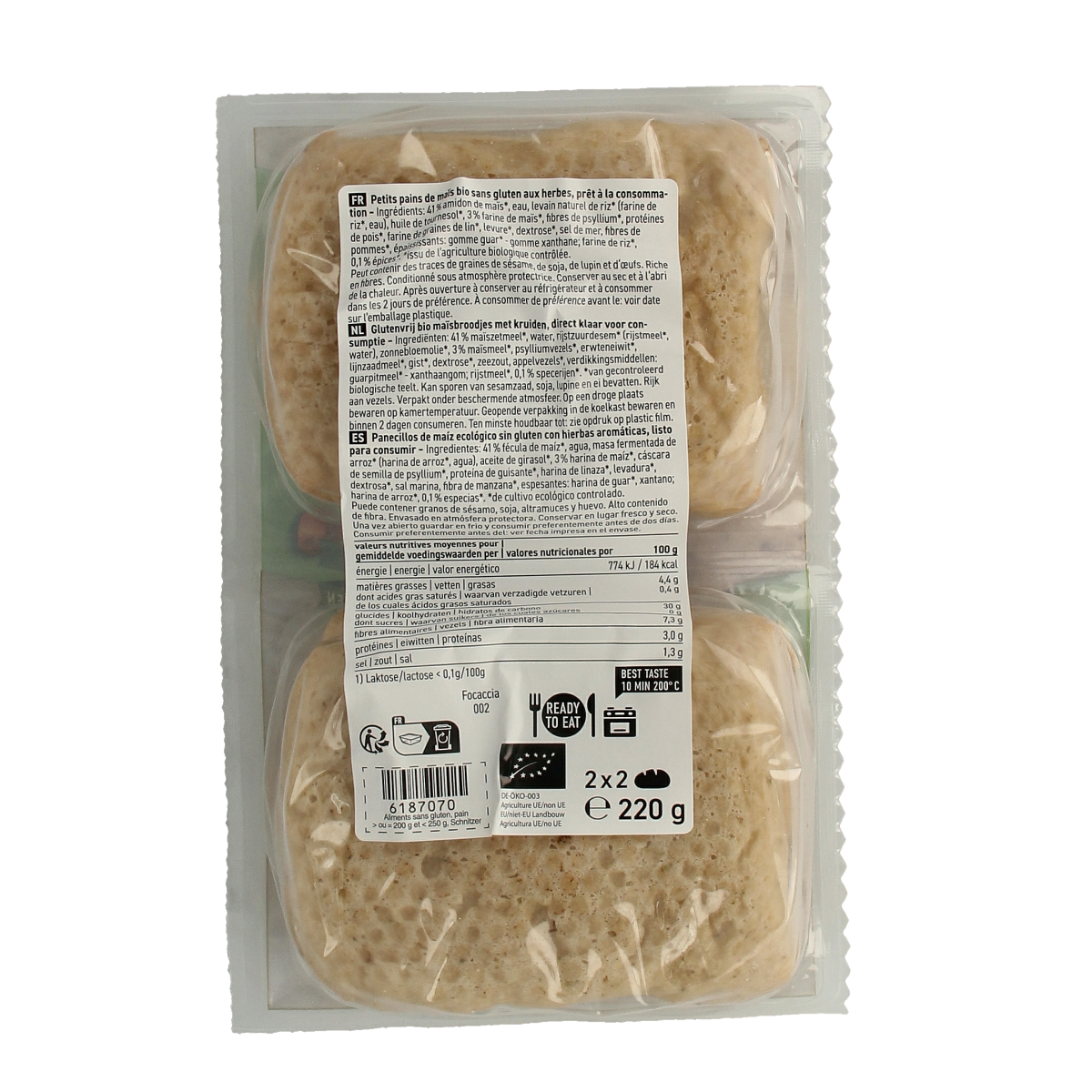 Schnitzer gluten-free bio focaccia bread in a pack of four, featuring golden-brown crust and soft interior, 220g.