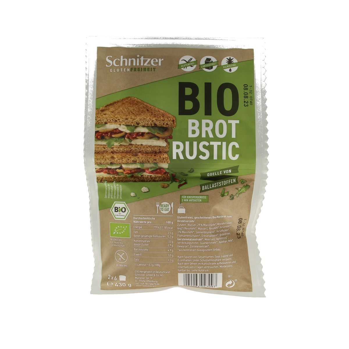 Schnitzer Bread'n Toast dark gluten-free organic bread and crackers, 430g package, with a close-up of the product packaging.