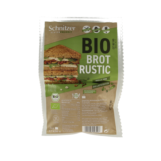 Schnitzer Bread'n Toast dark gluten-free organic bread and crackers, 430g package, with a close-up of the product packaging.