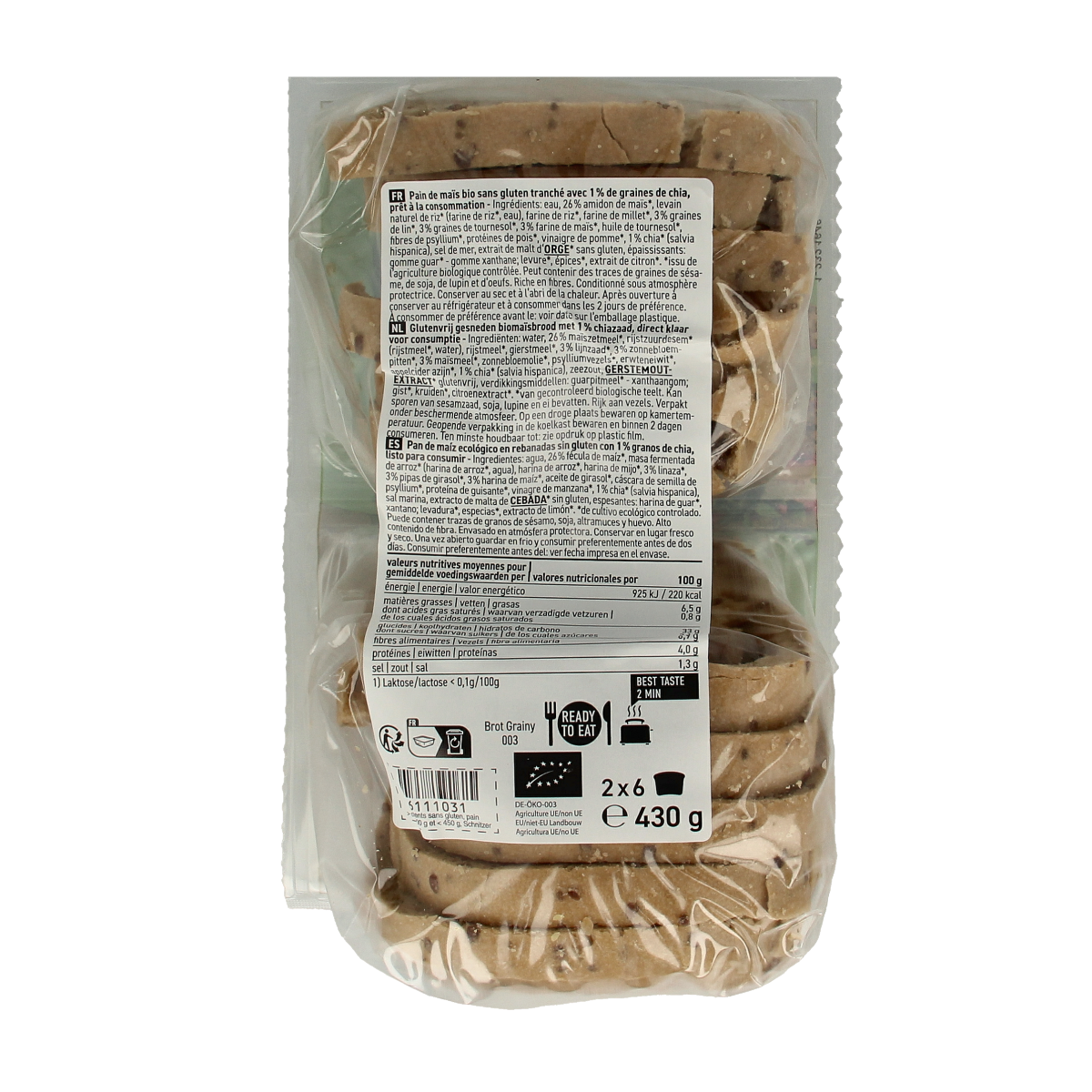 Schnitzer Bread'n Toast Grainy Gluten-Free Organic bread and crackers, 430g package, with visible slices and textured crust.